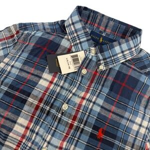 Ralph Lauren Shirt Kids Large 14-16 Blue Plaid Linen blend Short Sleeve NWT